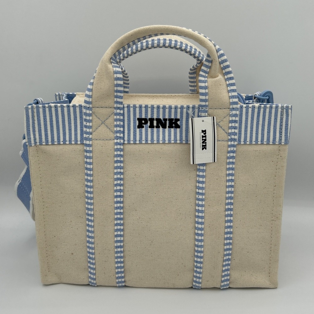 Victoria's Secret PINK Small Canvas Tote Crossbody Strap Light Blue NEW - Picture 2 of 9
